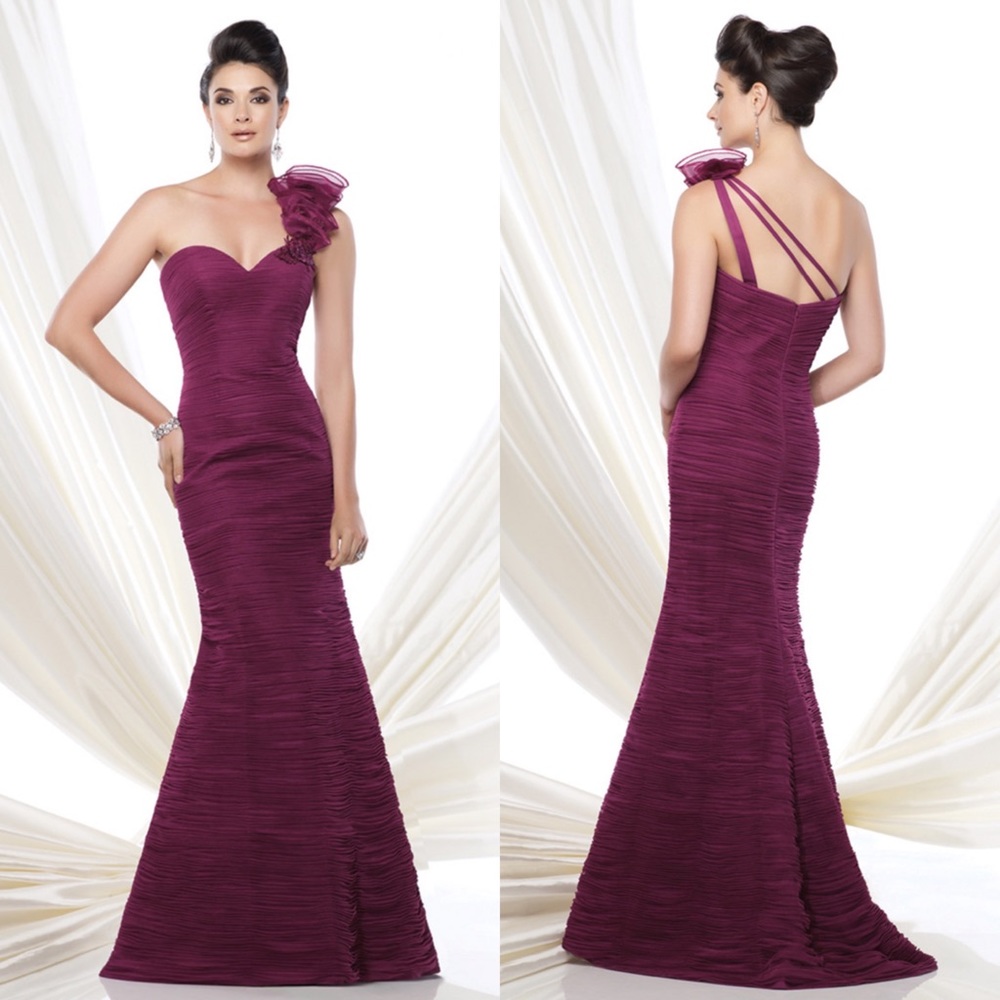 IVONNE D BY MON CHERI RASPBERRY 1 SHOULDER RUCHED TULLE SWEETHEART TRUMPET GOWN
